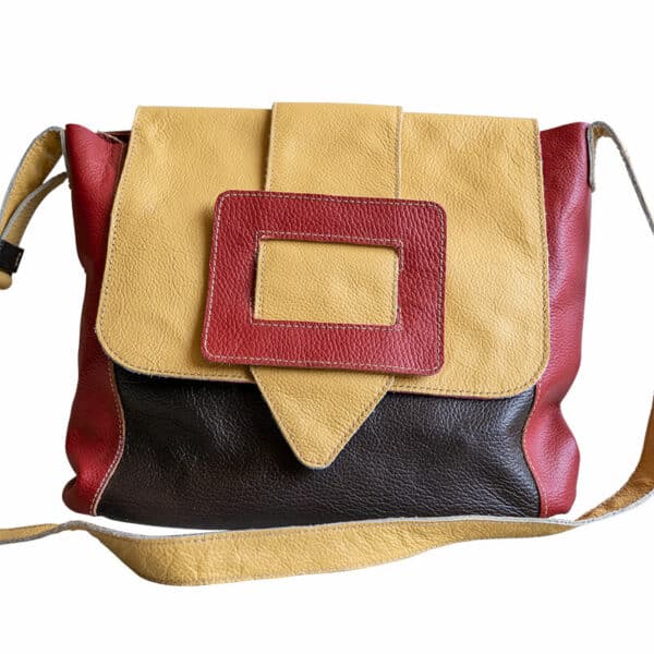 Genuine Leather Bag, Yellow, Red & Black